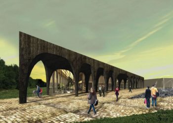 Saue vallamaja ümbritsev võlvistik ei mõju asjaliku administratiivhoonena, vaid peaks looma mulje õhulisest hoonest, kuhu võib kerge südamega siseneda. Foto: OÜ Kontekst AB, Saue vallavalitsus