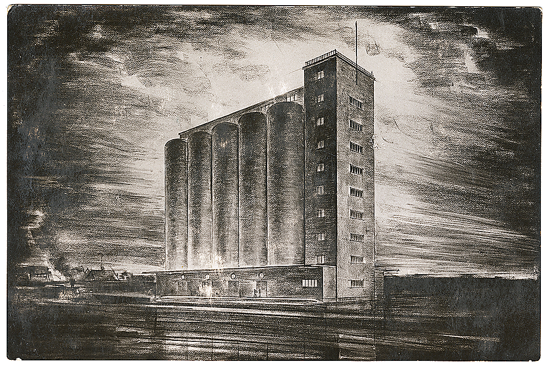 Riigi viljasalve elevaator Tartus, projekt August Komendant, 1939–1940. Teadmata autori perspektiivjoonistusega postkaart.