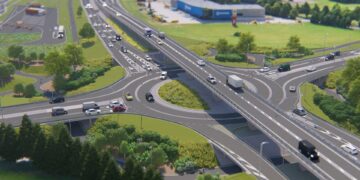 Selline hakkab tulevikus välja nägema Tartu ringtee Riia liiklussõlm – transiitliiklus kulgeb mööda viadukti n-ö teisel korrusel, alumisele aga jääb kohalik liiklus, samuti suundumine Valga maanteele. Ristmikuehitus muudab Tartus liikluskorraldust. Foto: InfraBIM / Transpordiamet